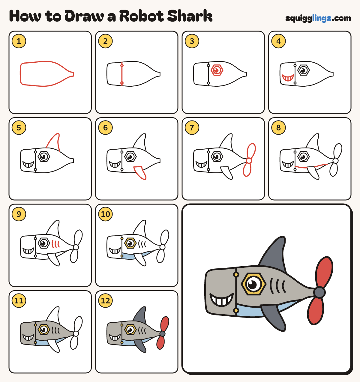 How to Draw a Robot Shark step by step: all 12 steps in one picture