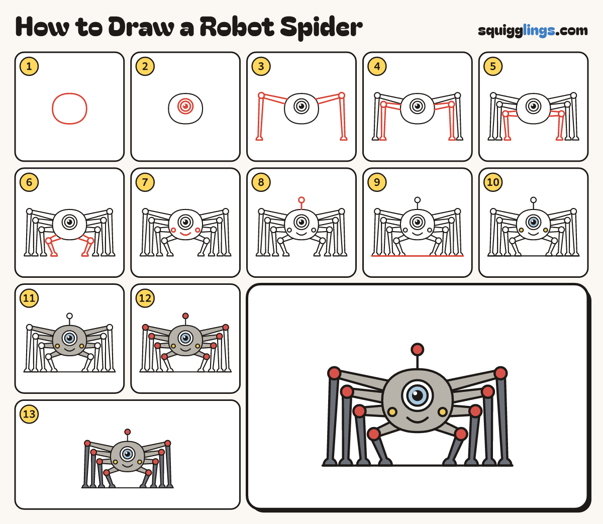 How to Draw a Robot Spider step by step: all 13 steps in one picture
