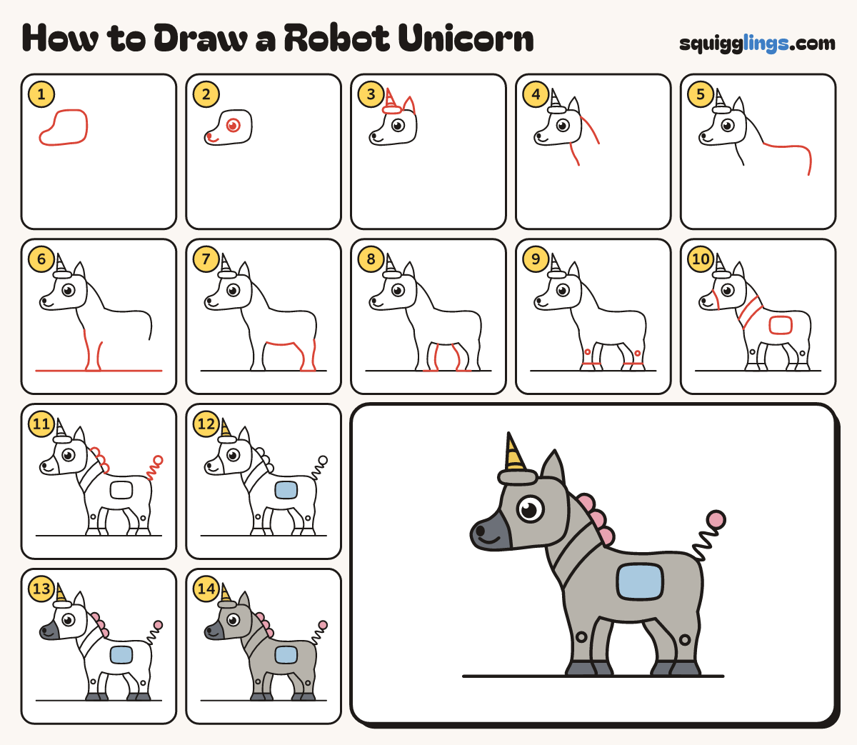 How to Draw a Robot Unicorn step by step: all 14 steps in one picture