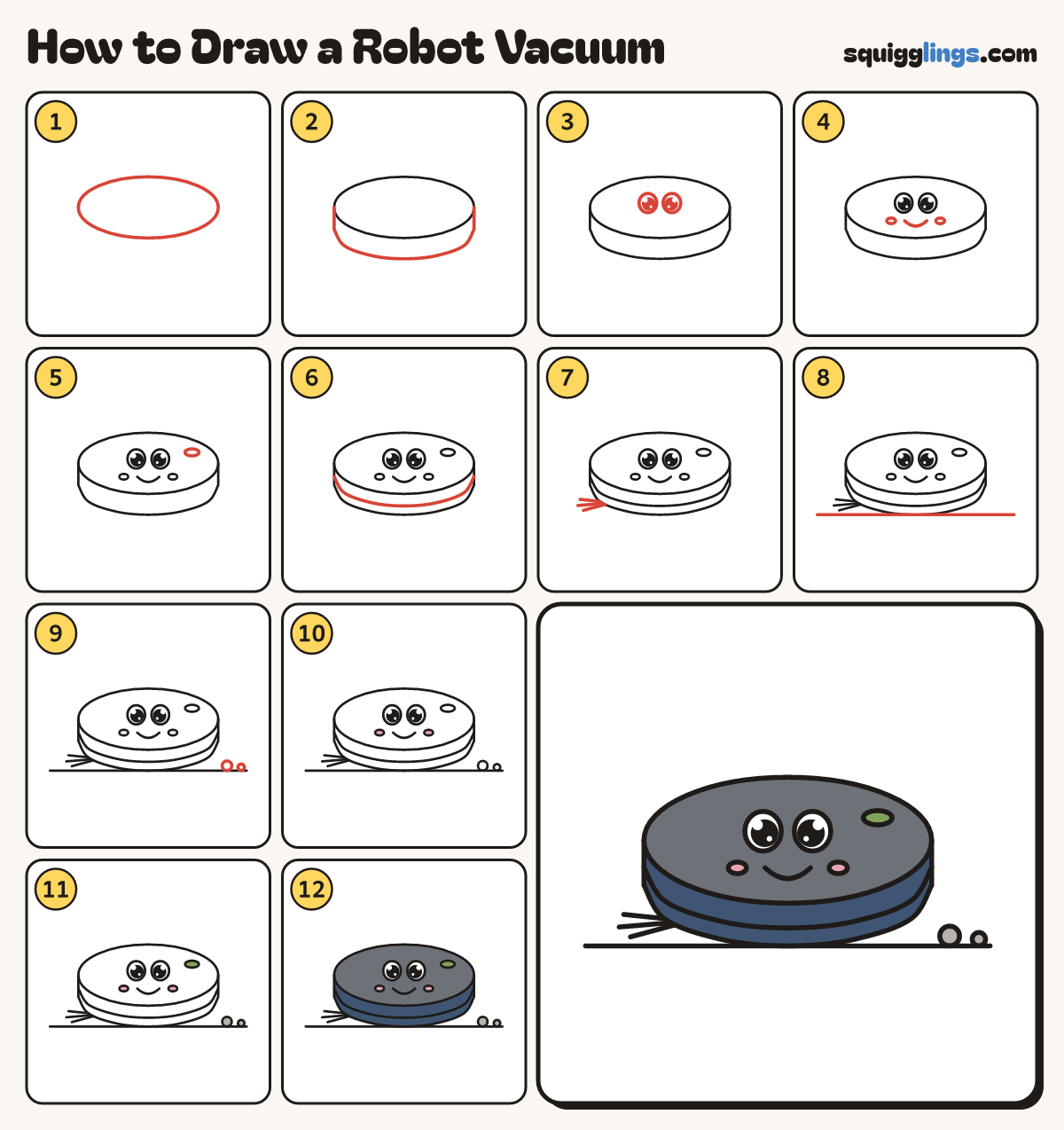 How to Draw a Robot Vacuum step by step: all 12 steps in one picture