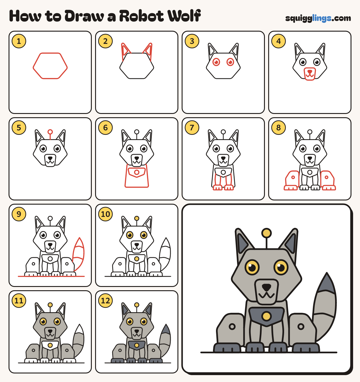 How to Draw a Robot Wolf step by step: all 12 steps in one picture