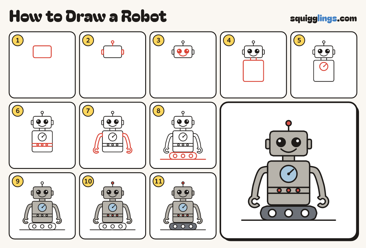 How to Draw a Robot step by step: all 11 steps in one picture