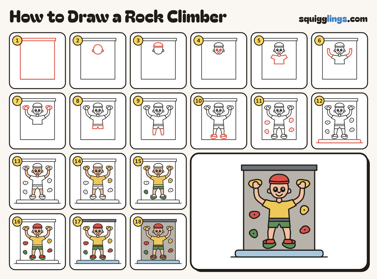 How to Draw a Rock Climber step by step: all 18 steps in one picture