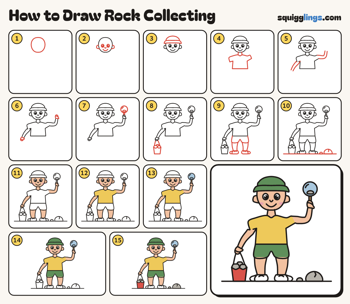 How to Draw Rock Collecting step by step: all 15 steps in one picture