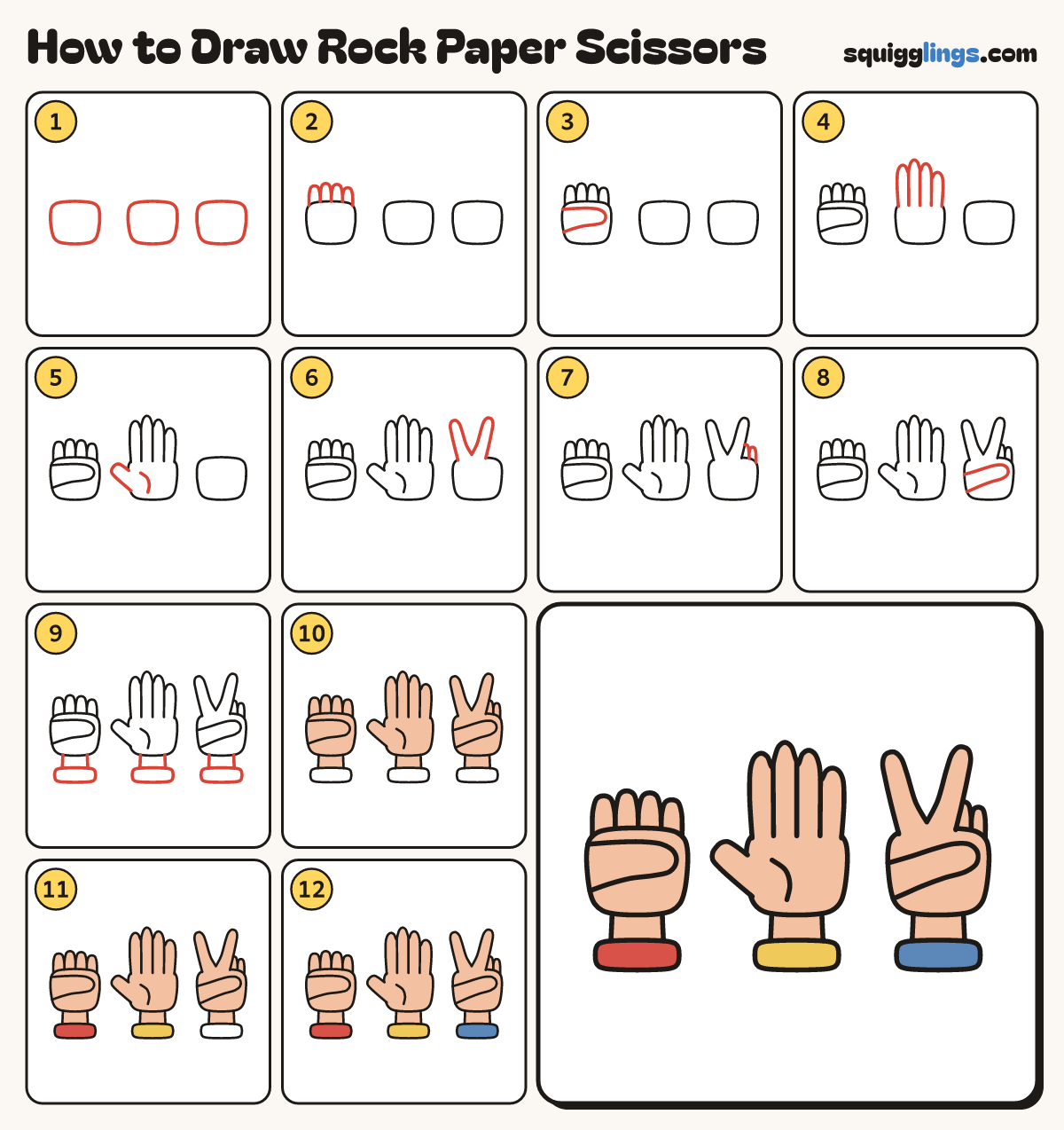How to Draw Rock Paper Scissors step by step: all 12 steps in one picture
