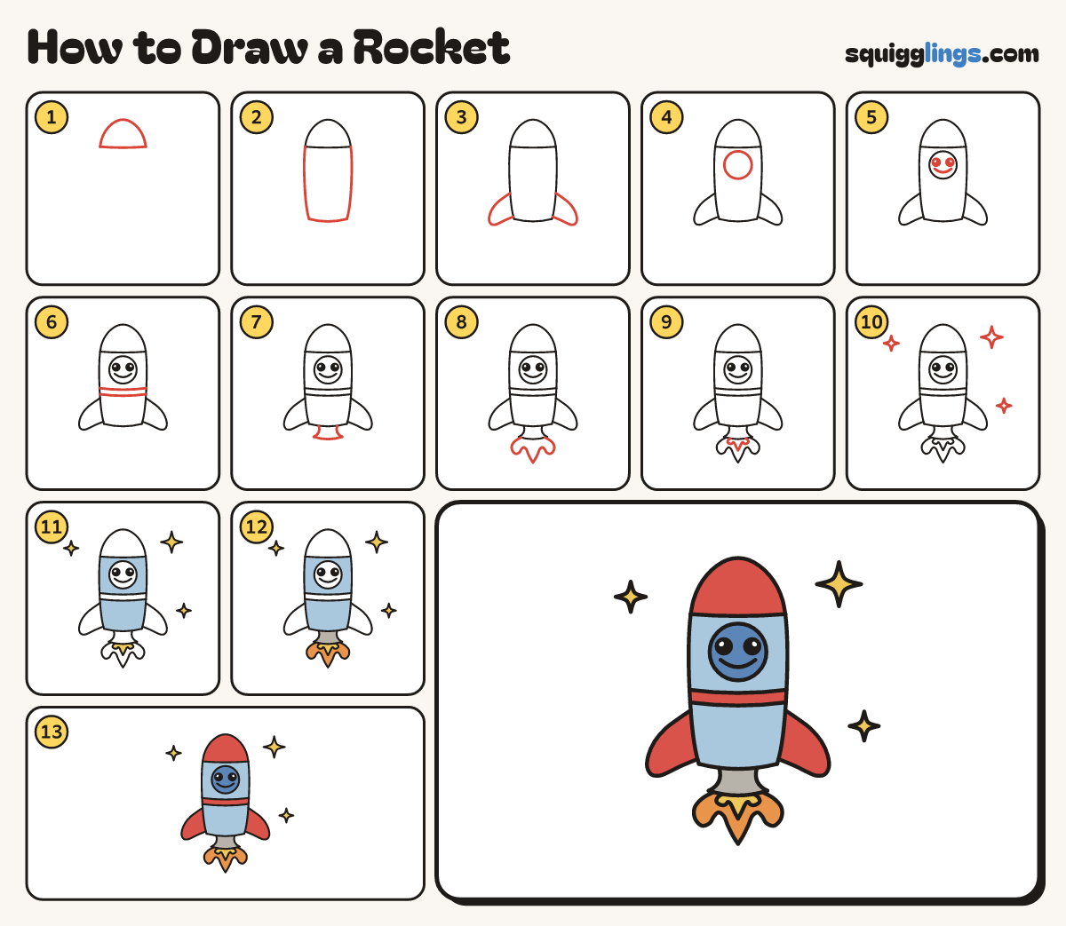 How to Draw a Rocket step by step: all 13 steps in one picture