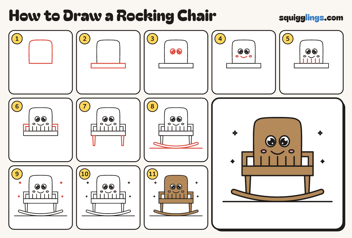 How to Draw a Rocking Chair step by step: all 11 steps in one picture