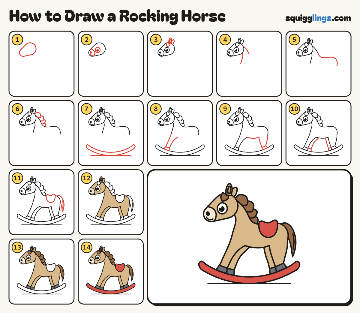 How to Draw a Rocking Horse step by step: all 14 steps in one picture
