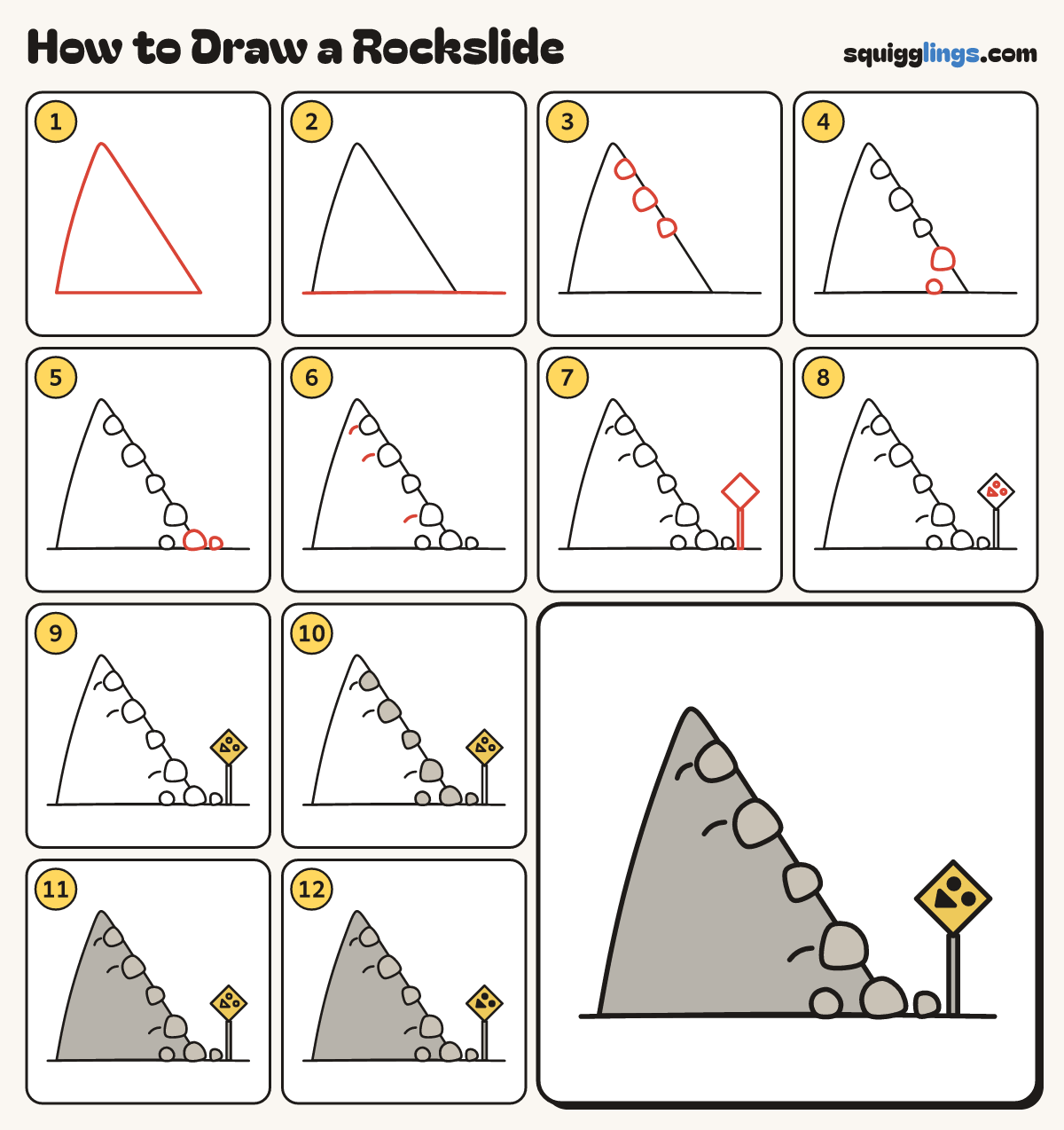 How to Draw a Rockslide step by step: all 12 steps in one picture