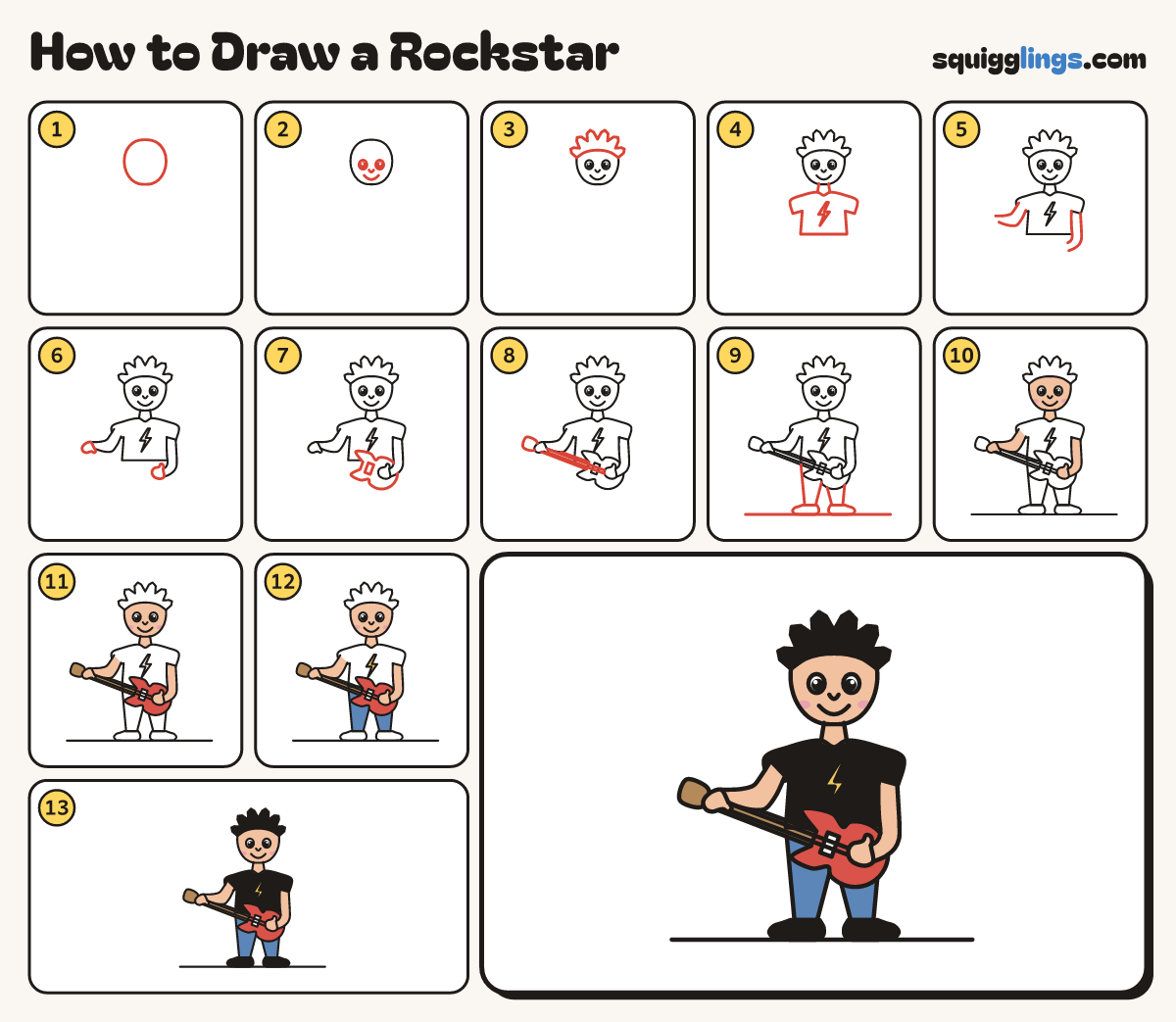 How to Draw a Rockstar step by step: all 13 steps in one picture