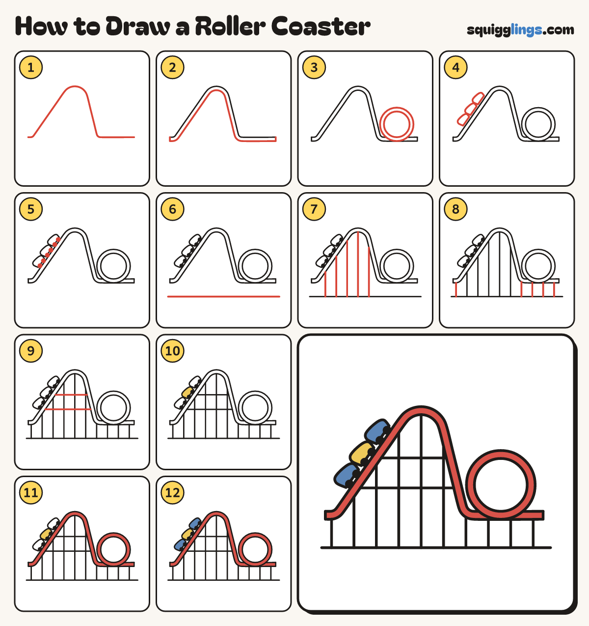 How to Draw a Roller Coaster step by step: all 12 steps in one picture