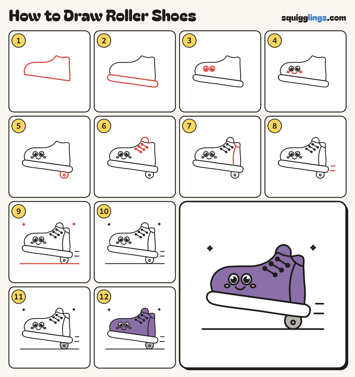 How to Draw Roller Shoes step by step: all 12 steps in one picture