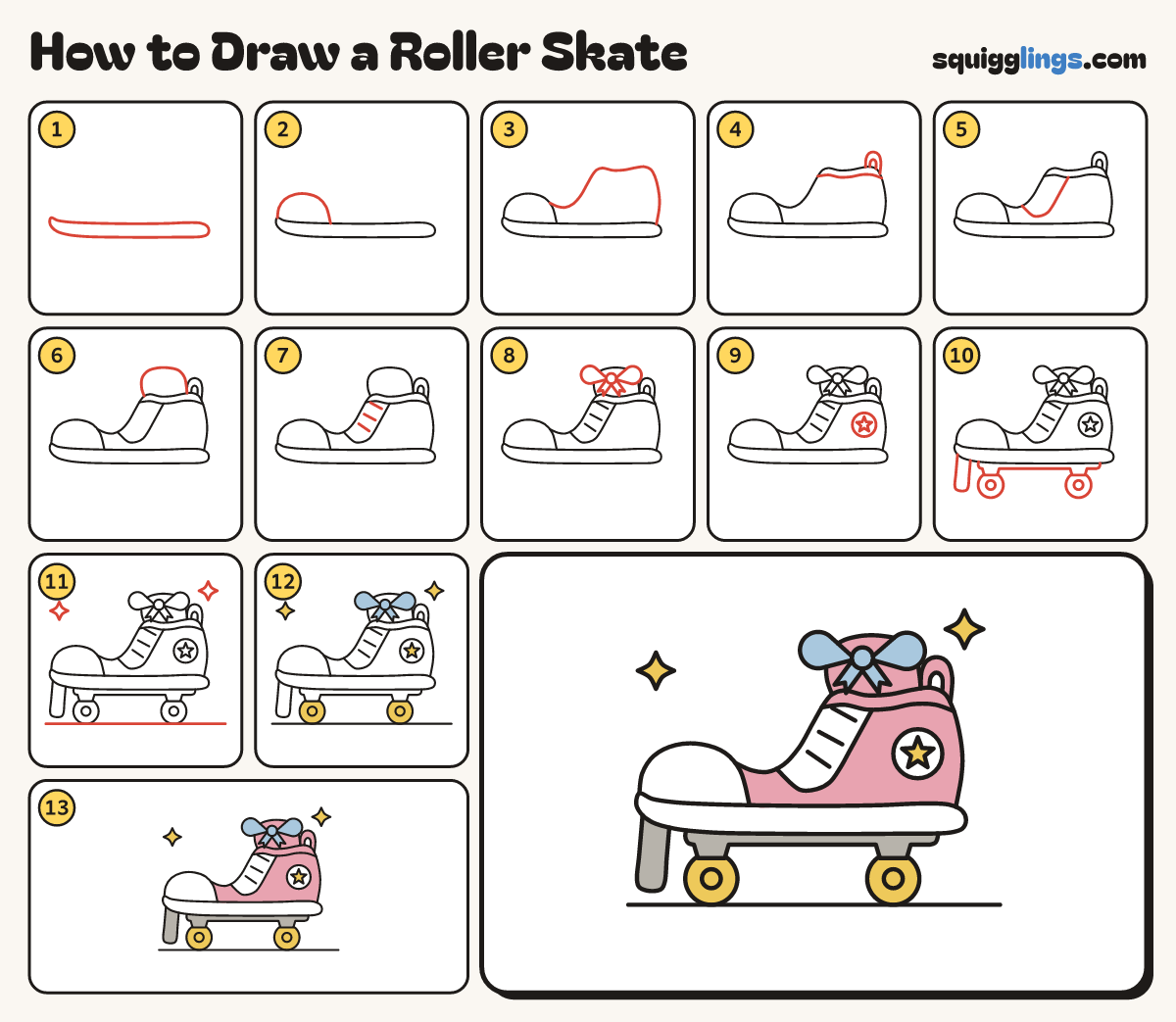 How to Draw a Roller Skate step by step: all 13 steps in one picture
