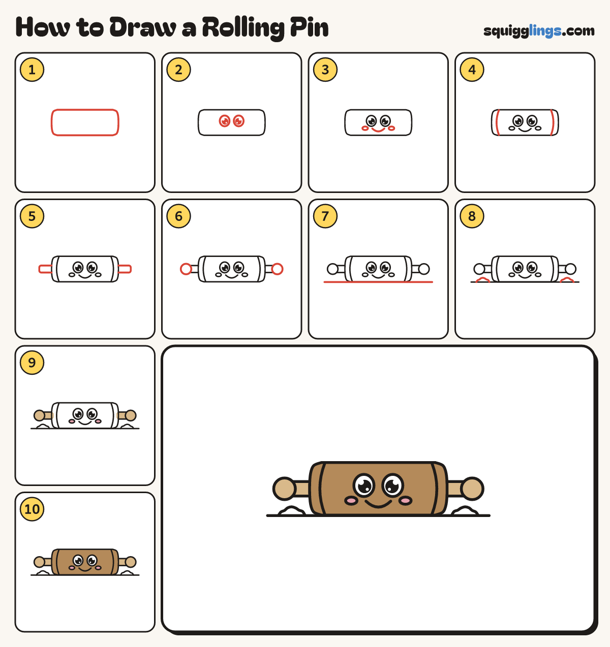 How to Draw a Rolling Pin step by step: all 10 steps in one picture