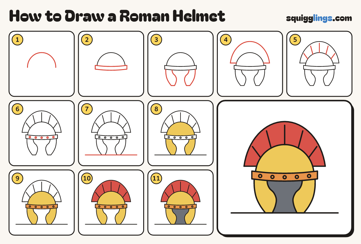 How to Draw a Roman Helmet step by step: all 11 steps in one picture