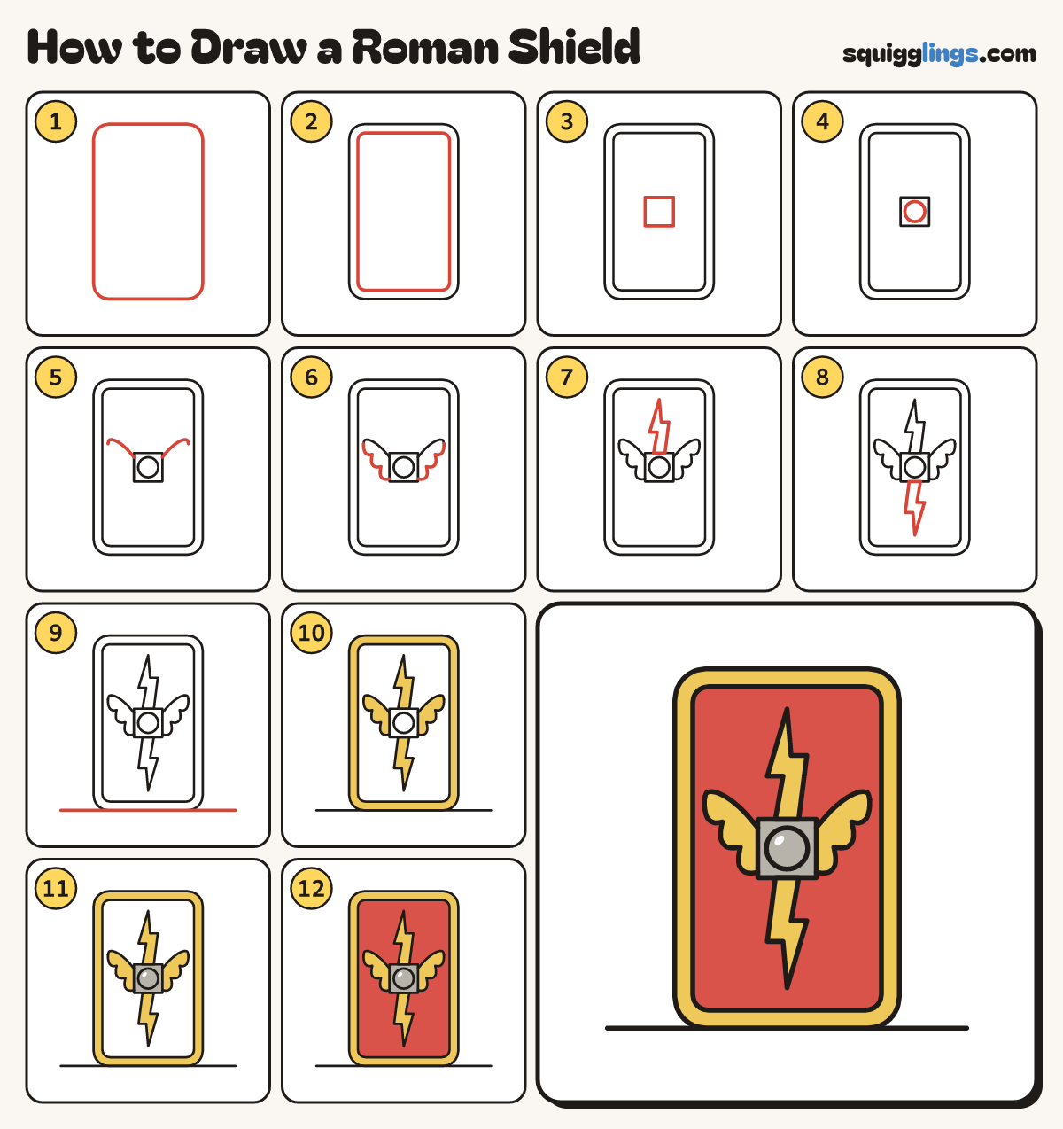 How to Draw a Roman Shield step by step: all 12 steps in one picture