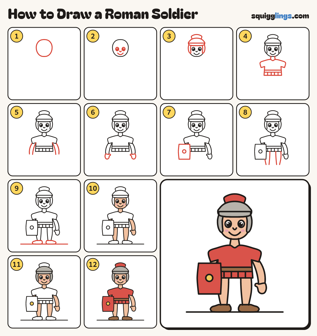 How to Draw a Roman Soldier step by step: all 12 steps in one picture
