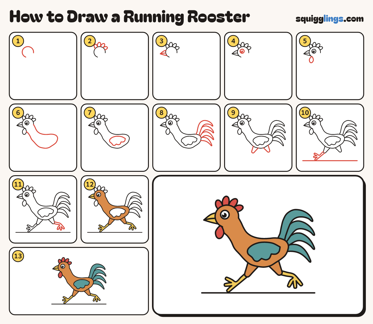 How to Draw a Running Rooster step by step: all 13 steps in one picture