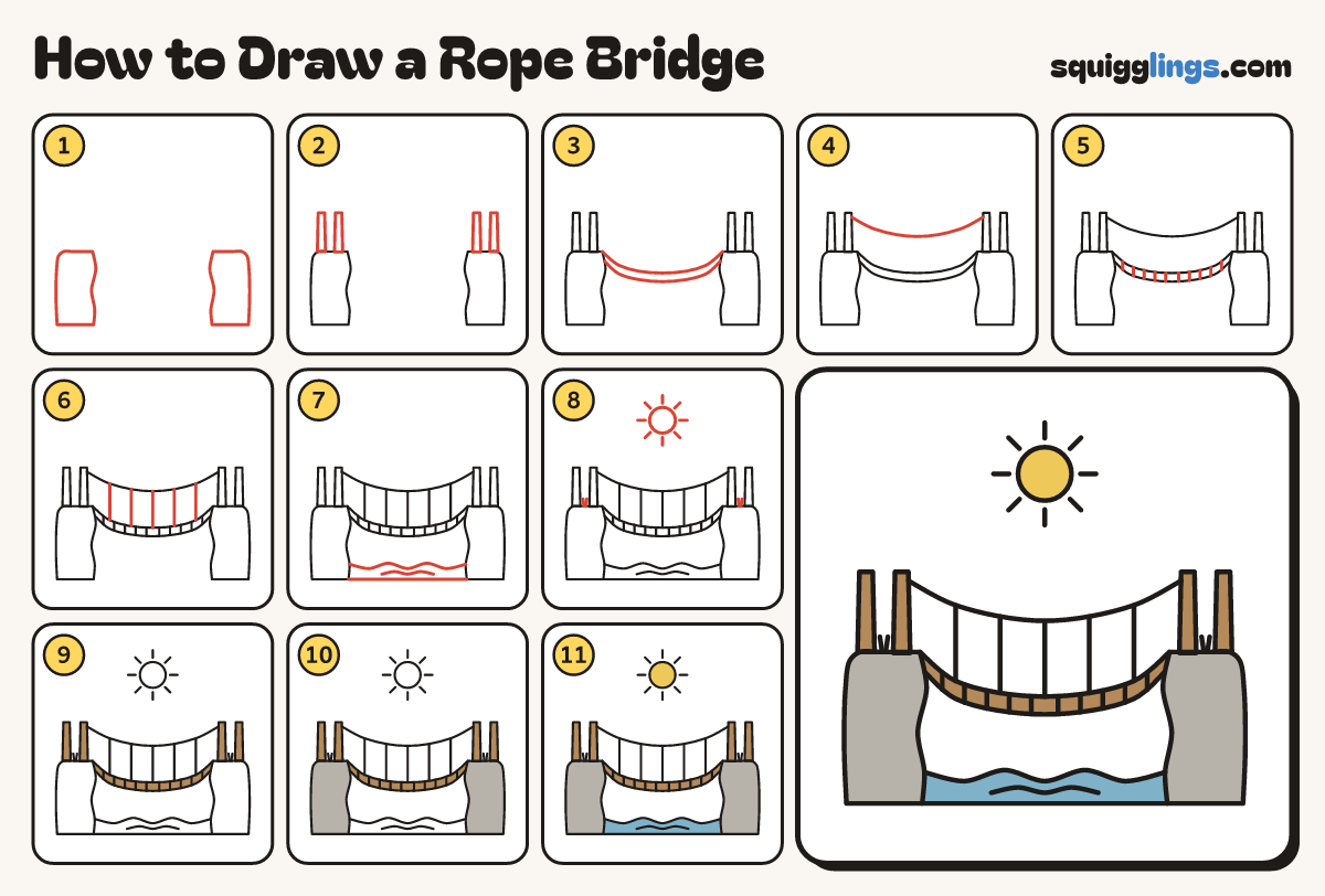 How to Draw a Rope Bridge step by step: all 11 steps in one picture