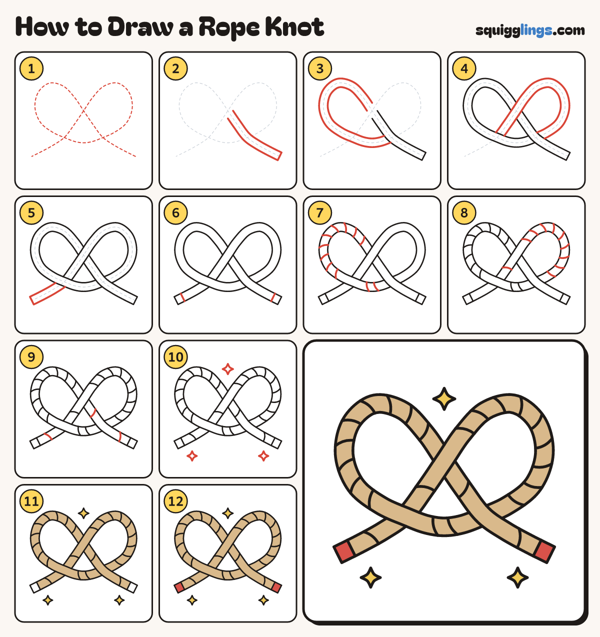 How to Draw a Rope Knot step by step: all 12 steps in one picture