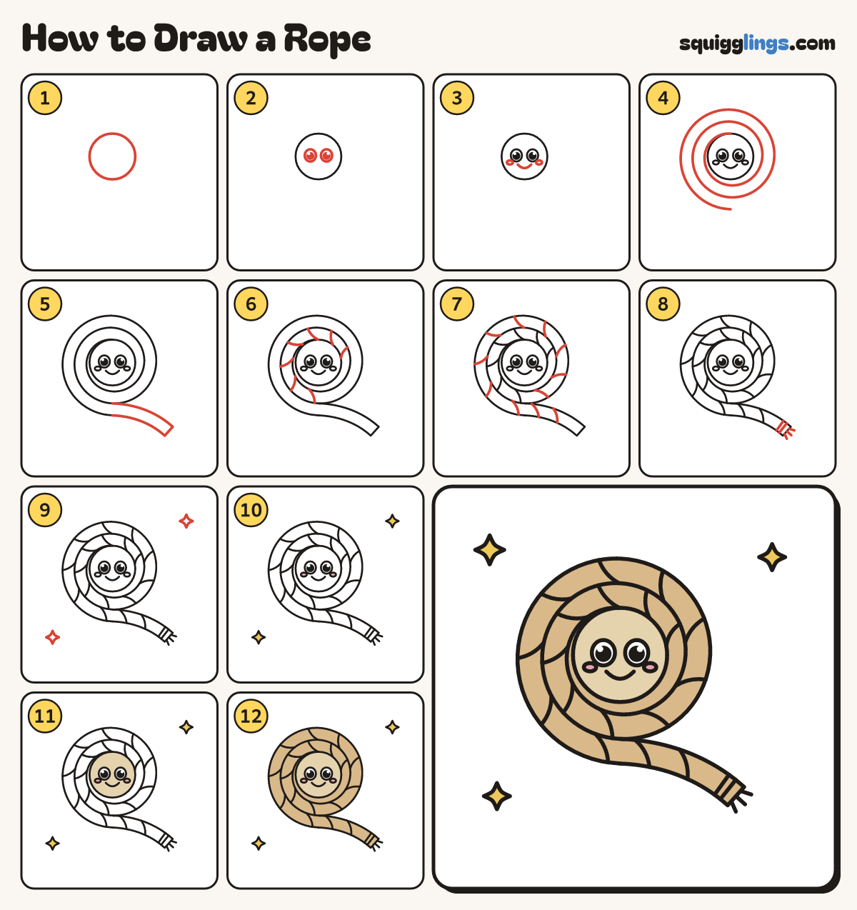 How to Draw a Rope step by step: all 12 steps in one picture