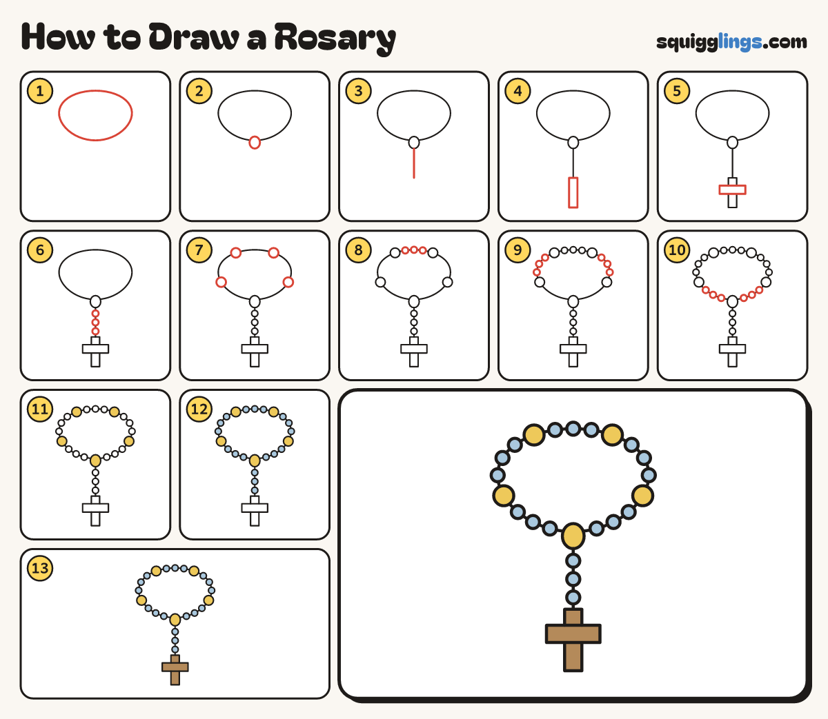 How to Draw a Rosary step by step: all 13 steps in one picture
