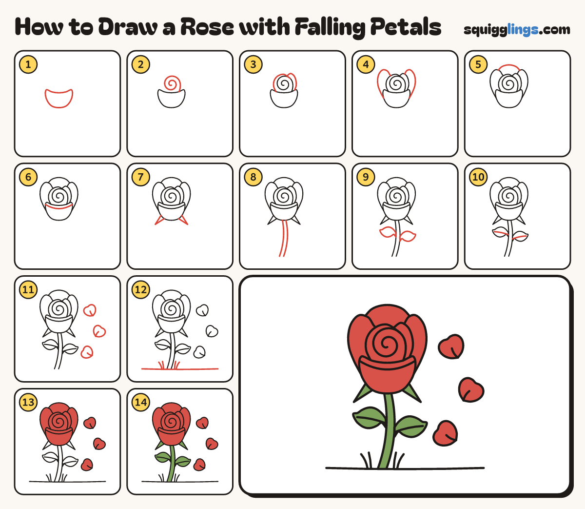 How to Draw a Rose with Falling Petals step by step: all 14 steps in one picture
