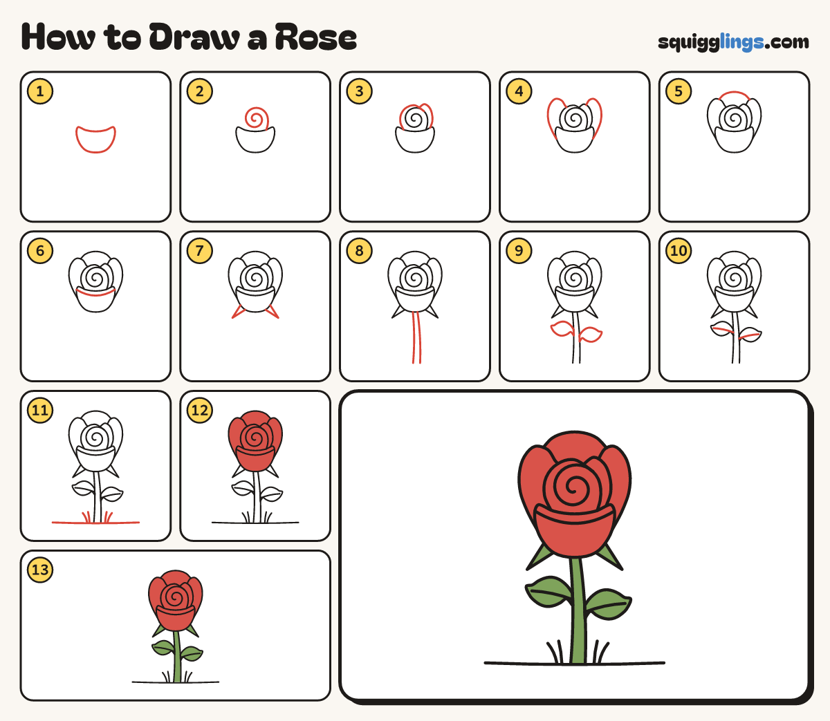 How to Draw a Rose step by step: all 13 steps in one picture