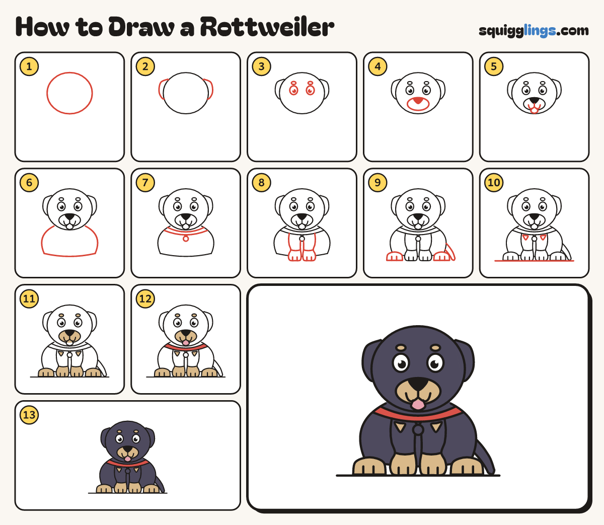 How to Draw a Rottweiler step by step: all 13 steps in one picture