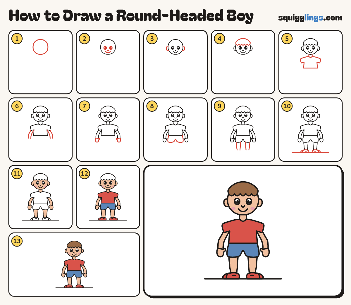 How to Draw a Round-Headed Boy step by step: all 13 steps in one picture