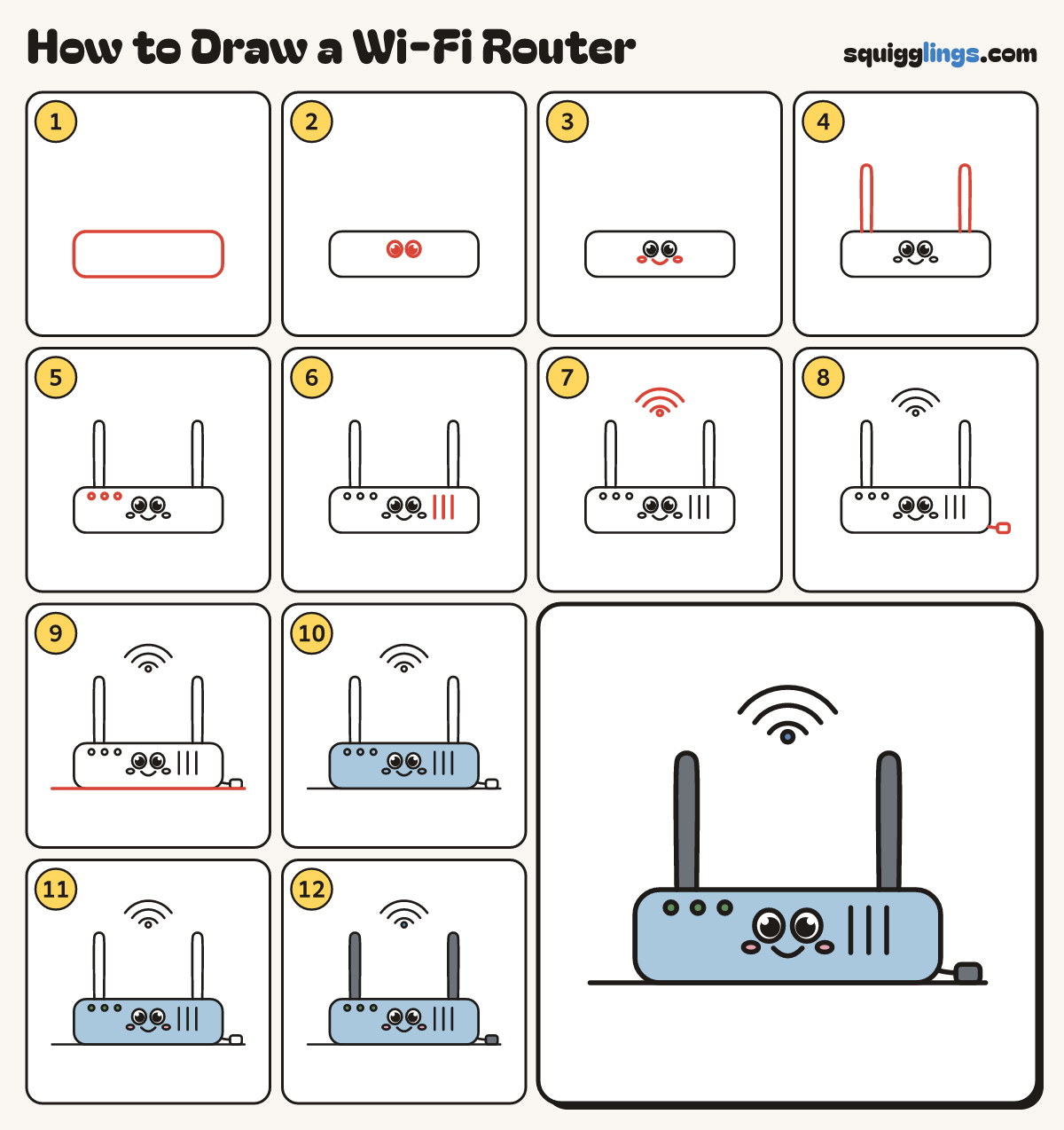How to Draw a Wi-Fi Router step by step: all 12 steps in one picture