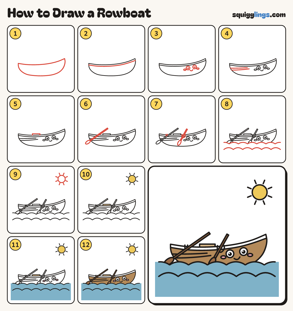 How to Draw a Rowboat step by step: all 12 steps in one picture