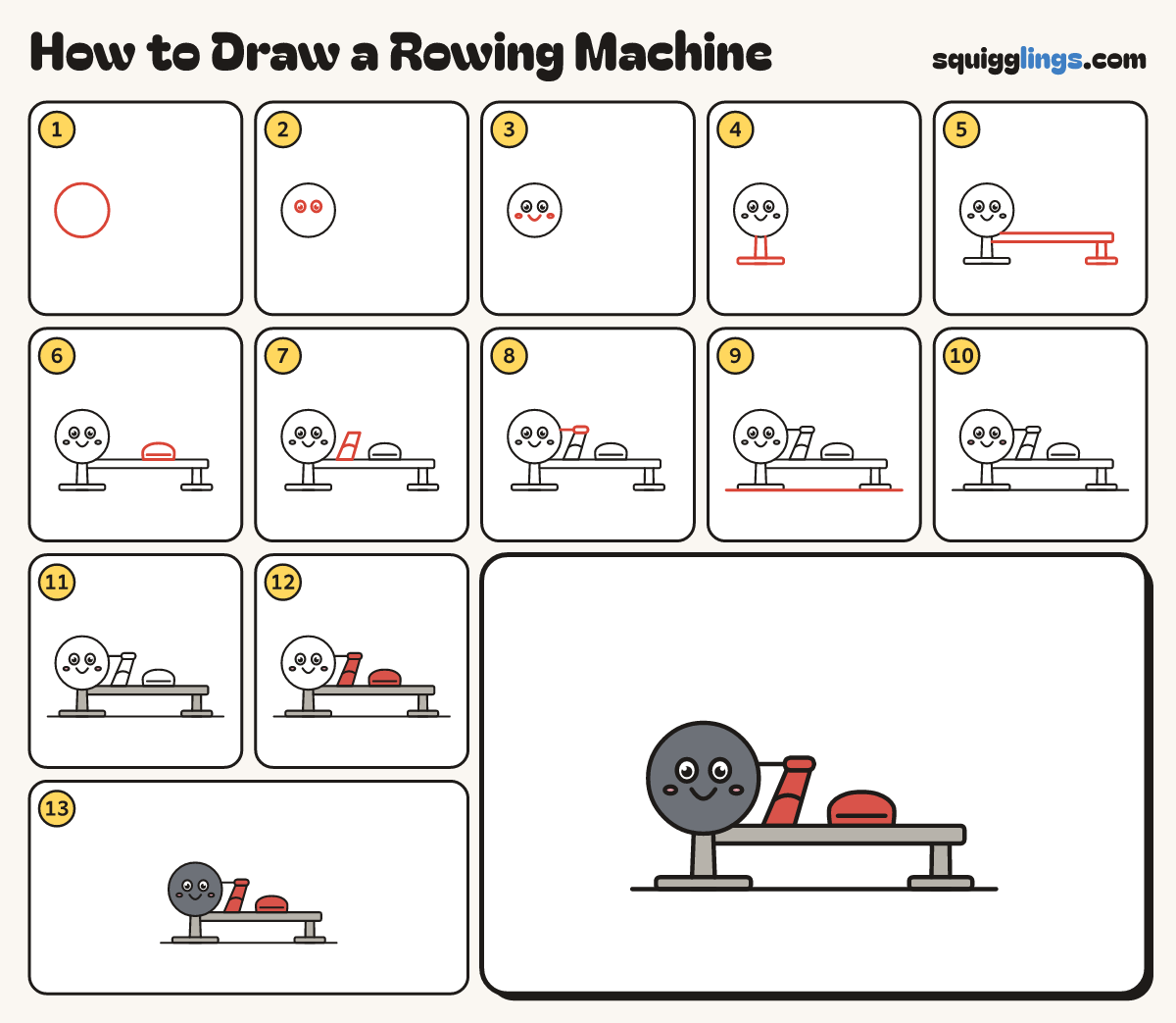 How to Draw a Rowing Machine step by step: all 13 steps in one picture