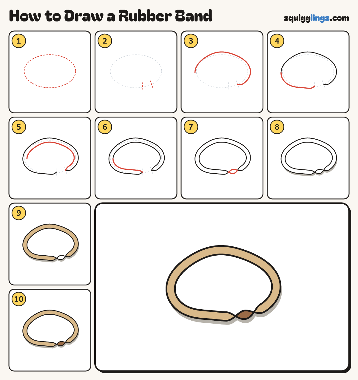 How to Draw a Rubber Band step by step: all 10 steps in one picture