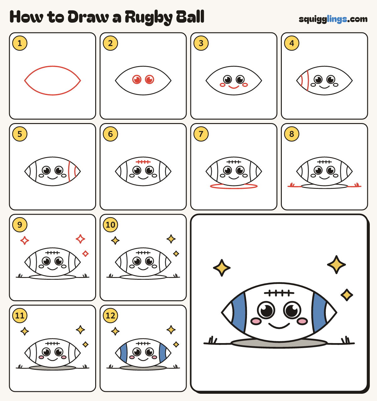 How to Draw a Rugby Ball step by step: all 12 steps in one picture