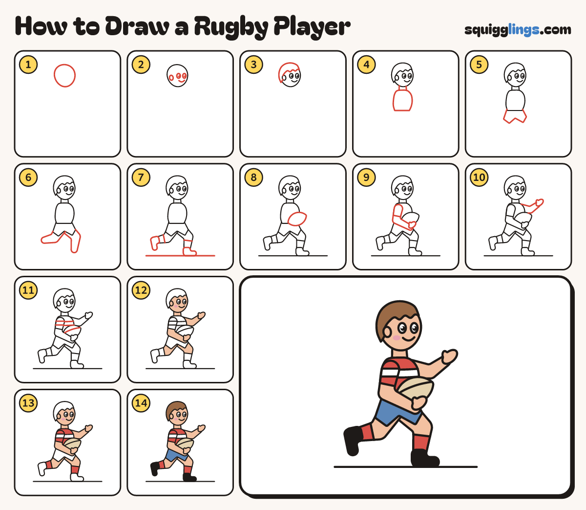 How to Draw a Rugby Player step by step: all 14 steps in one picture