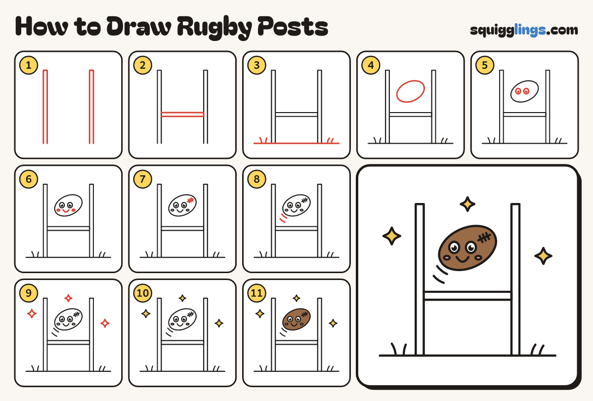 How to Draw Rugby Posts step by step: all 11 steps in one picture