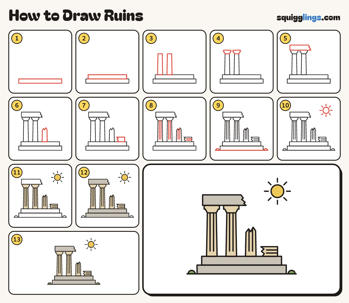 How to Draw Ruins step by step: all 13 steps in one picture