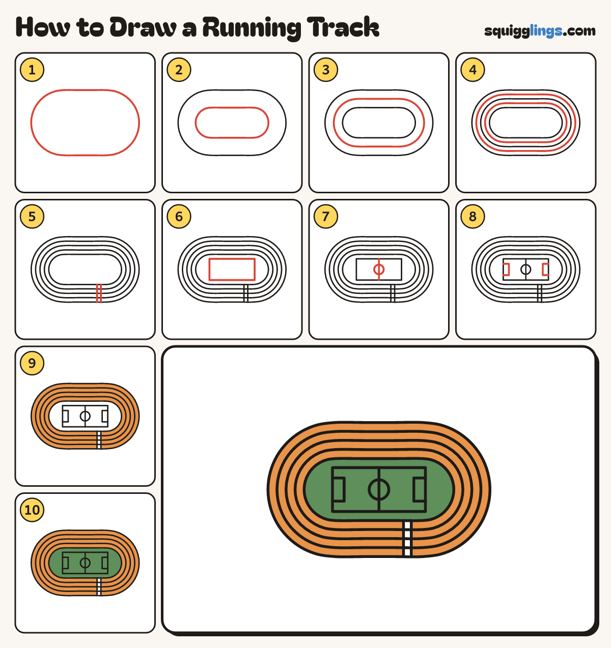 How to Draw a Running Track step by step: all 10 steps in one picture