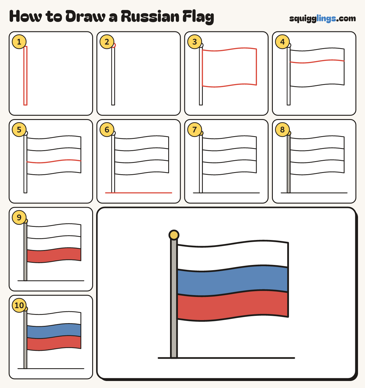 How to Draw a Russian Flag step by step: all 10 steps in one picture