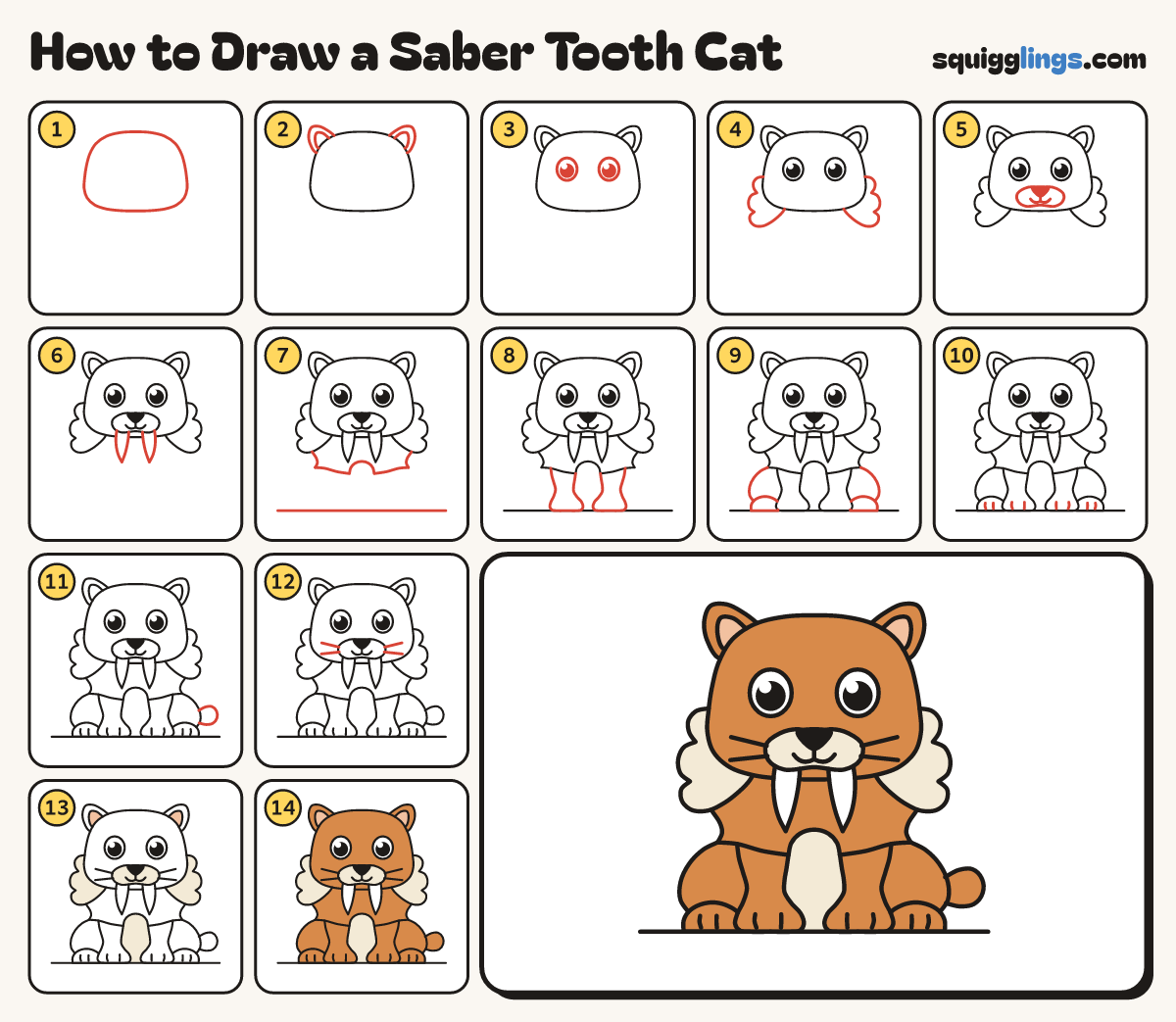 How to Draw a Saber Tooth Cat step by step: all 14 steps in one picture
