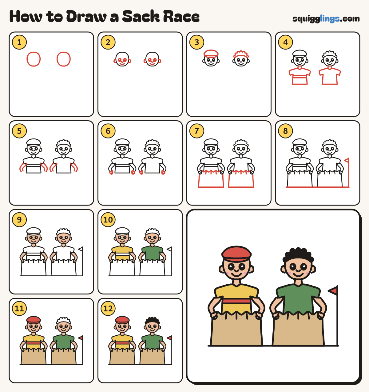 How to Draw a Sack Race step by step: all 12 steps in one picture