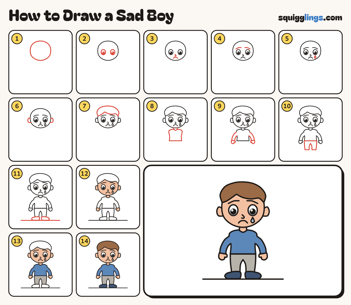 How to Draw a Sad Boy step by step: all 14 steps in one picture