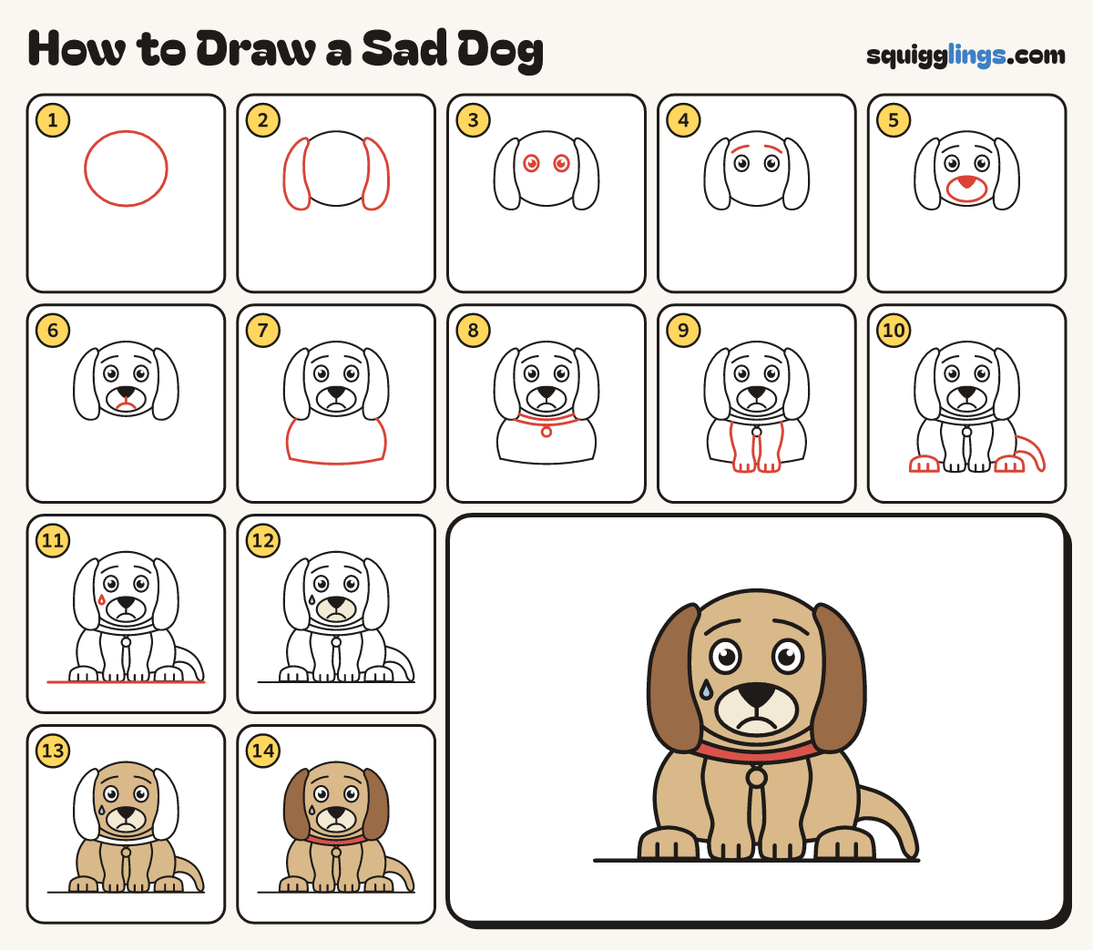 How to Draw a Sad Dog step by step: all 14 steps in one picture