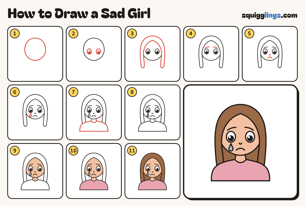 How to Draw a Sad Girl step by step: all 11 steps in one picture