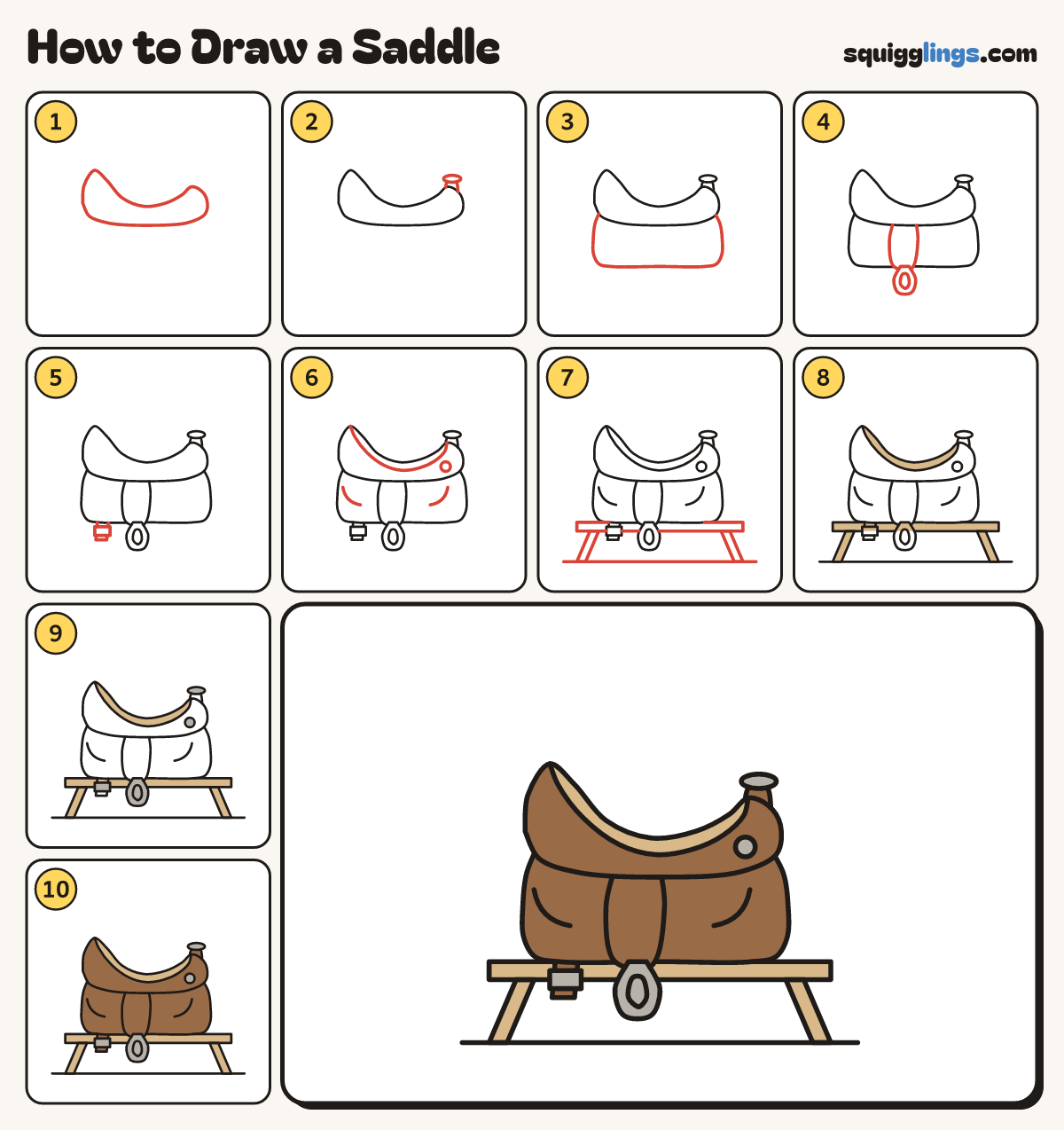 How to Draw a Saddle step by step: all 10 steps in one picture
