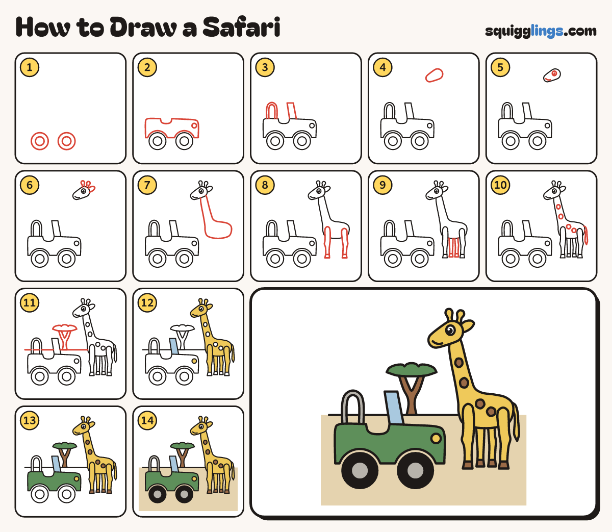 How to Draw a Safari step by step: all 14 steps in one picture