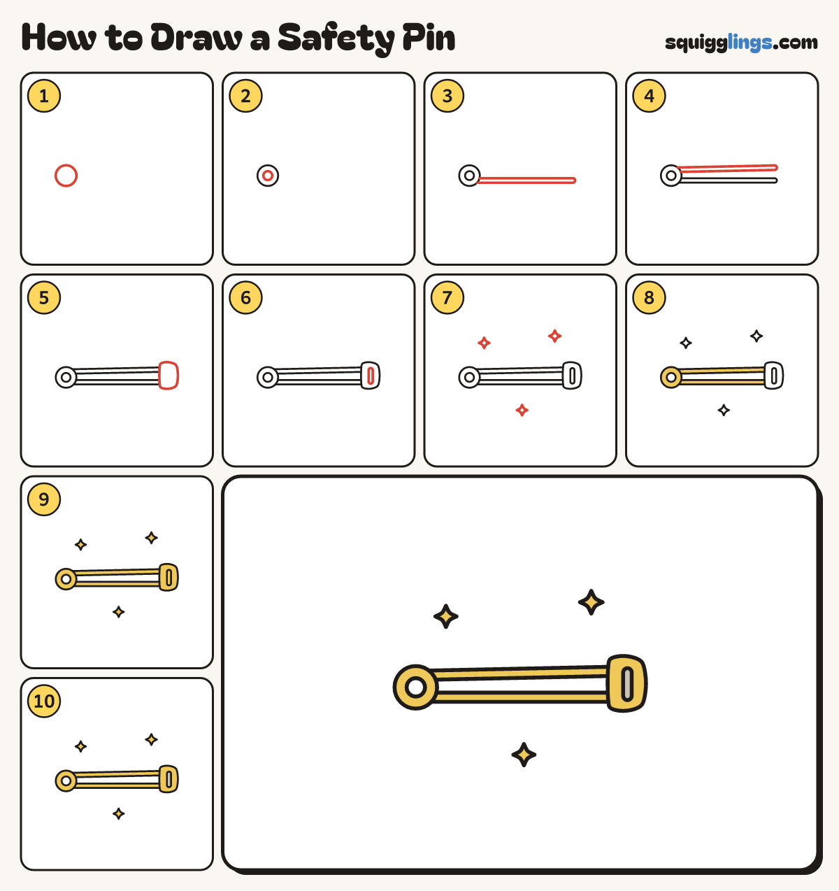 How to Draw a Safety Pin step by step: all 10 steps in one picture
