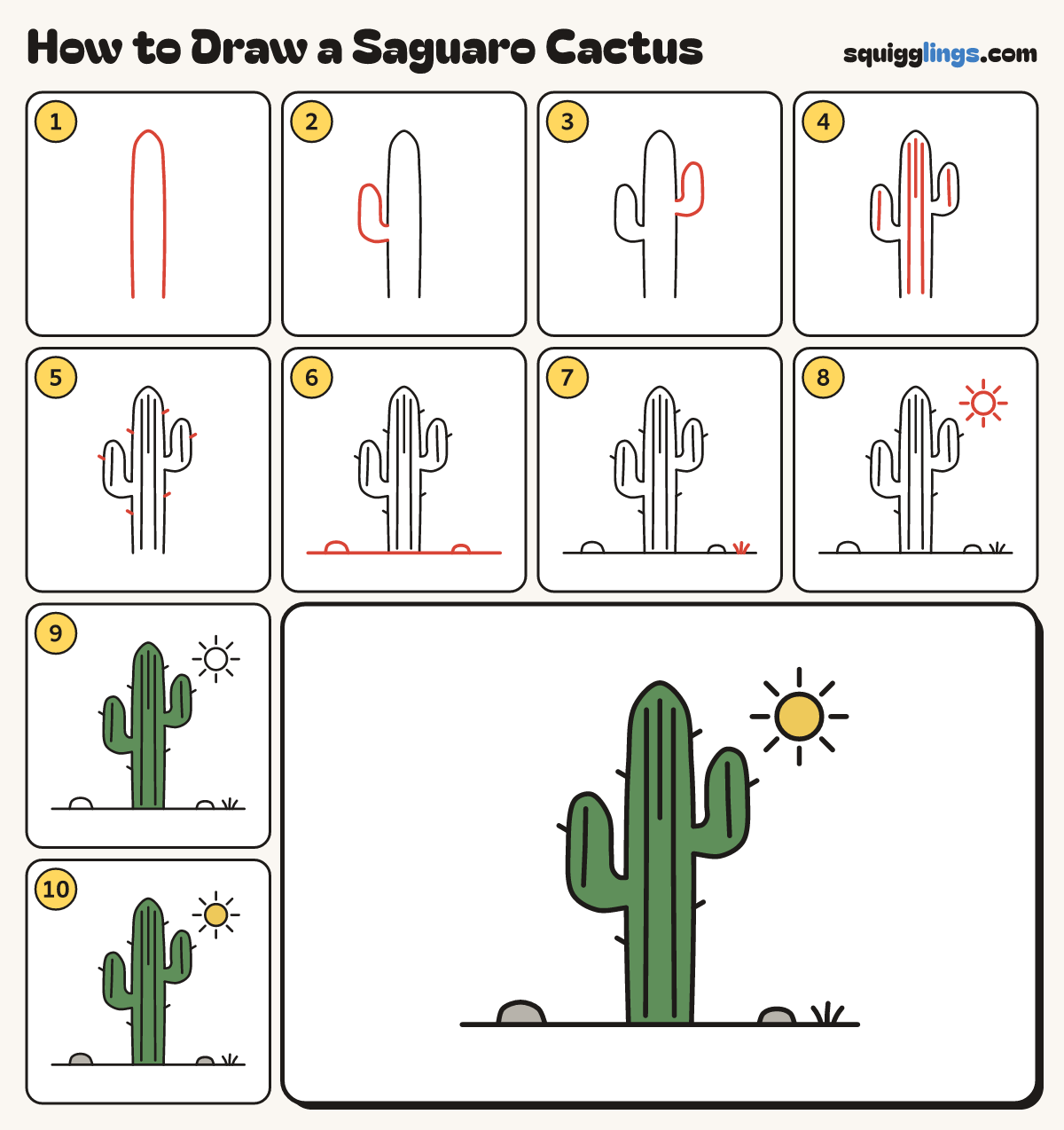 How to Draw a Saguaro Cactus step by step: all 10 steps in one picture