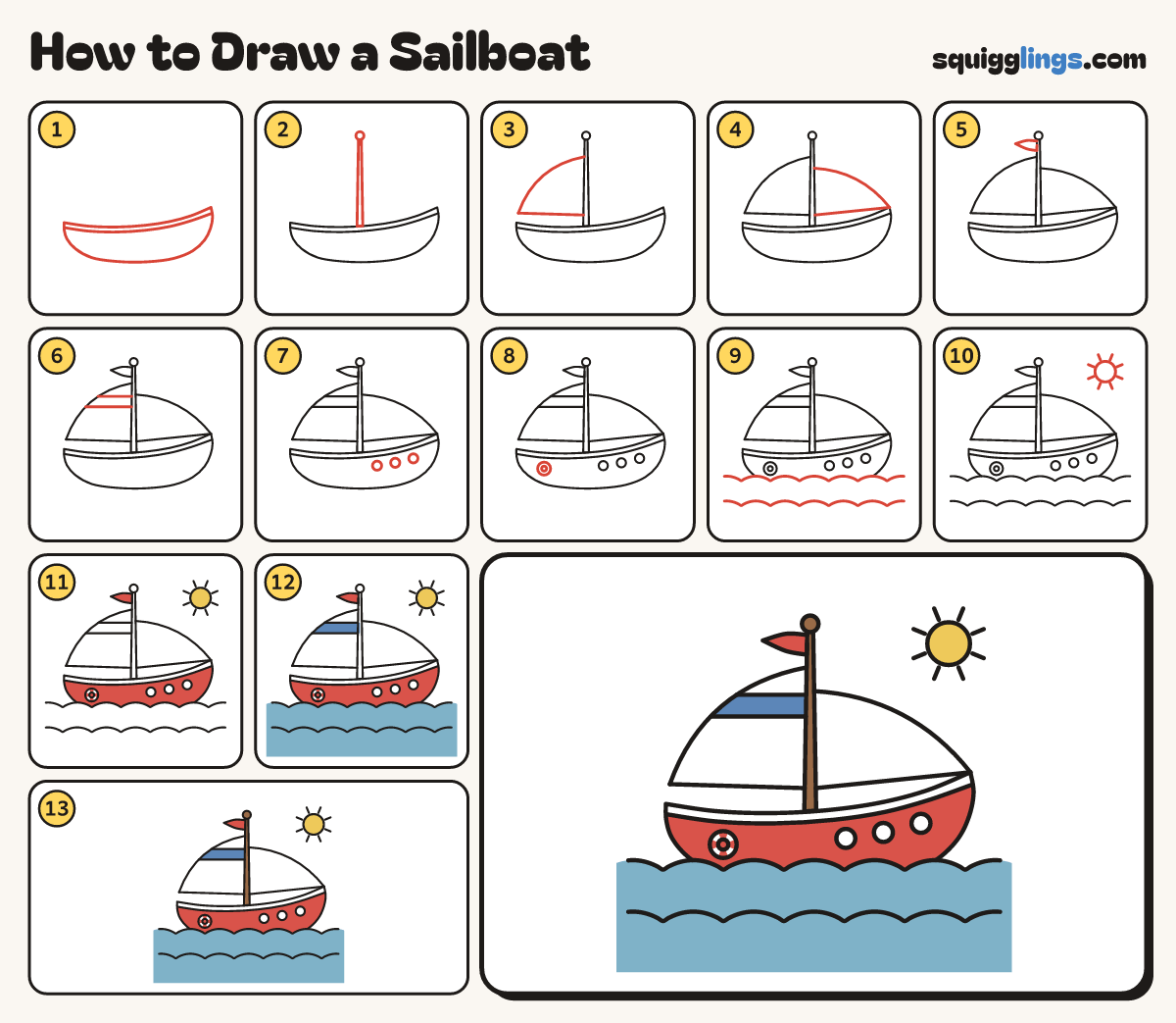 How to Draw a Sailboat step by step: all 13 steps in one picture